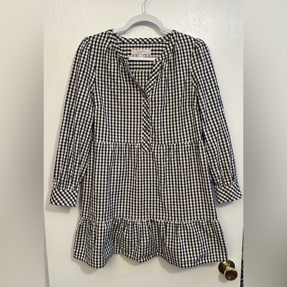 LOFT Black and White Gingham Flounce Swing Dress, Petite Medium MP